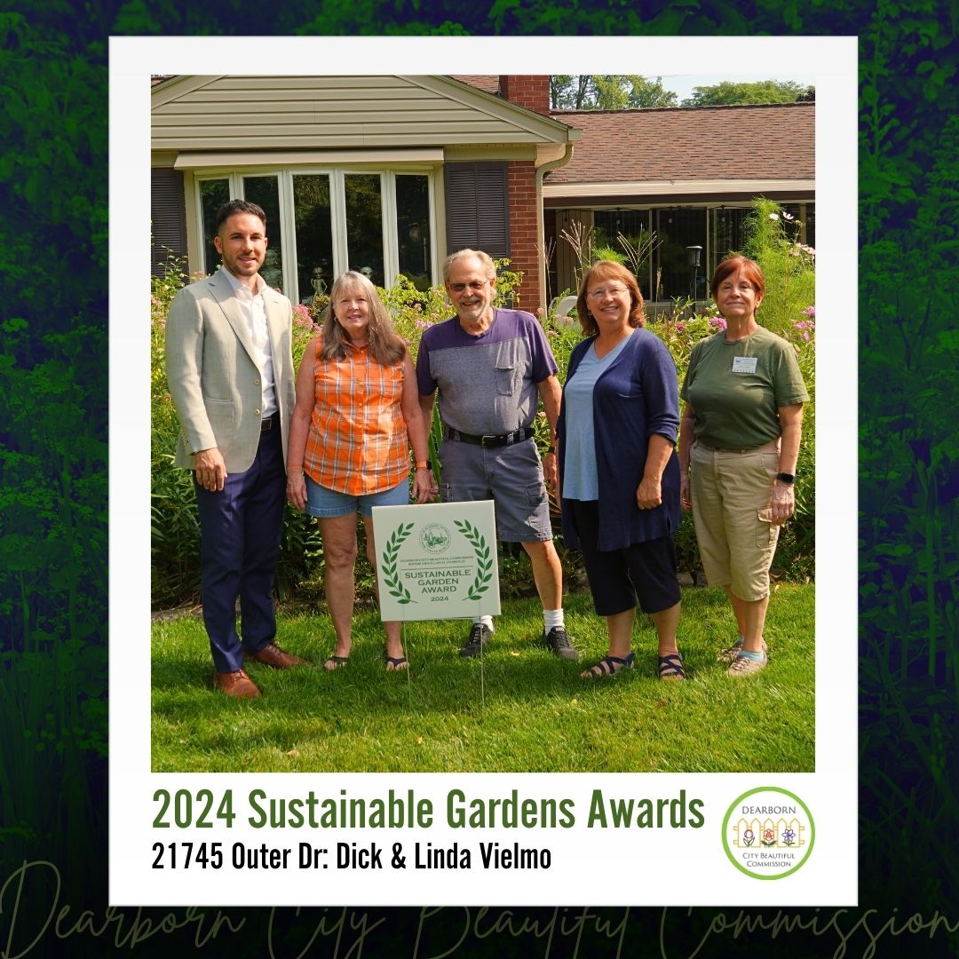 Photo: 2024 Dearborn City Beautiful Sustainable Gardens Awards honorees Dick and Linda Vielmo of 21745 Outer Dr pictured with Mayor Abdullah H. Hammoud and City Beautiful Commissioners.