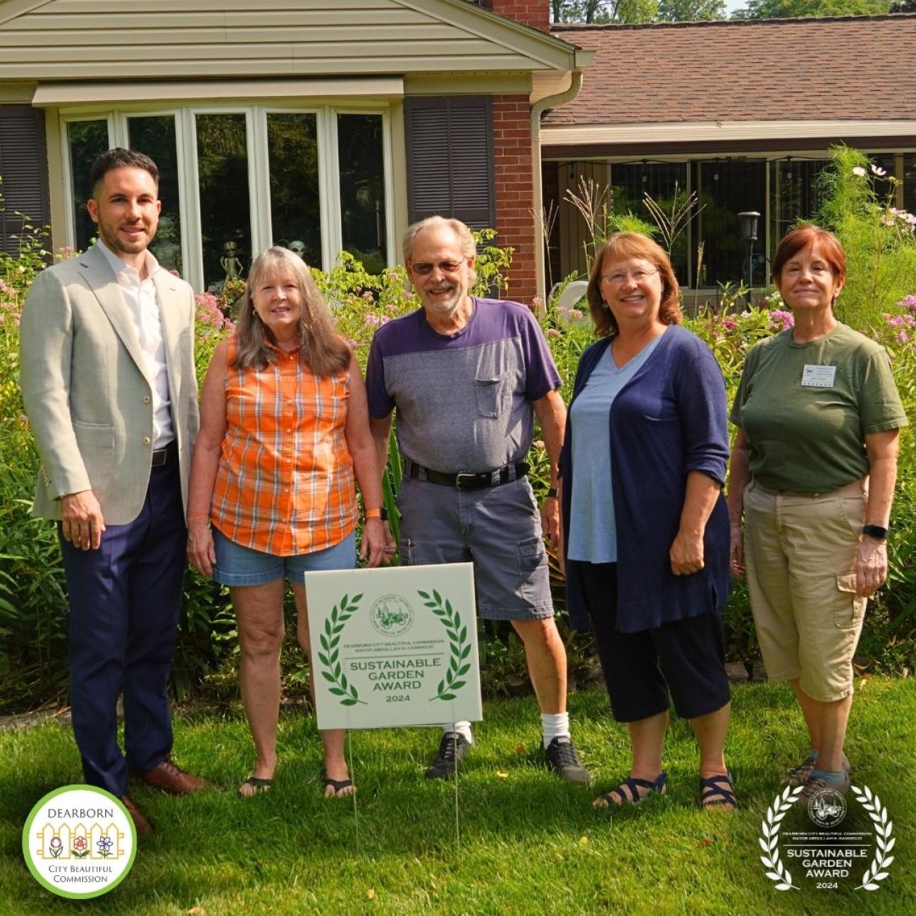 Photo: 2024 Dearborn City Beautiful Sustainable Gardens Awards honorees Dick and Linda Vielmo of 21745 Outer Dr pictured with Mayor Abdullah H. Hammoud and City Beautiful Commissioners. 
