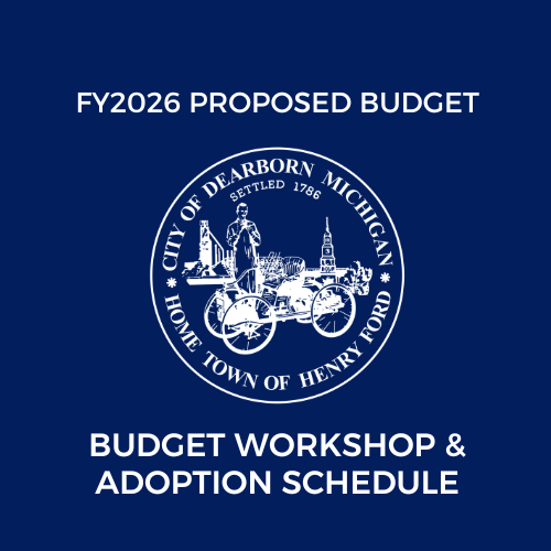 Blue background with City seal and text: FY2026 Proposed Budget. Budget Workshop & Adoption Schedule